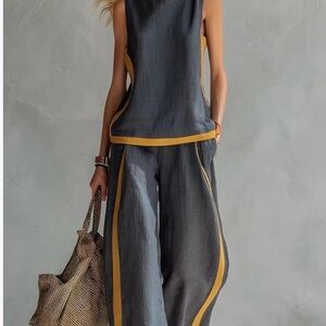 Women's Charcoal Linen Wide-Leg Pants with Mustard Trim